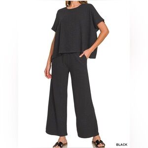 New Zenana Short Sleeve Wide Leg Pants Set ~ Black